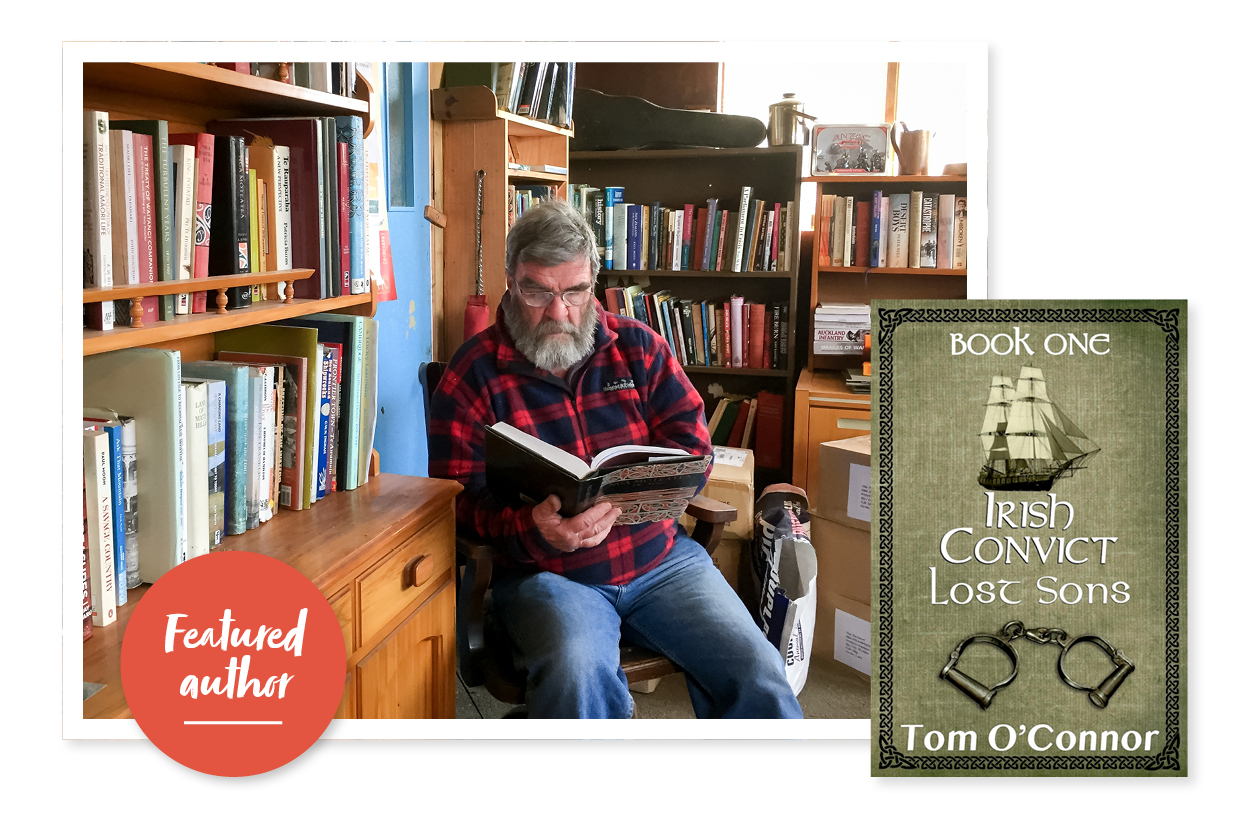 Independent Author Tom O'Connor with book one of his "Irish Convict" series
